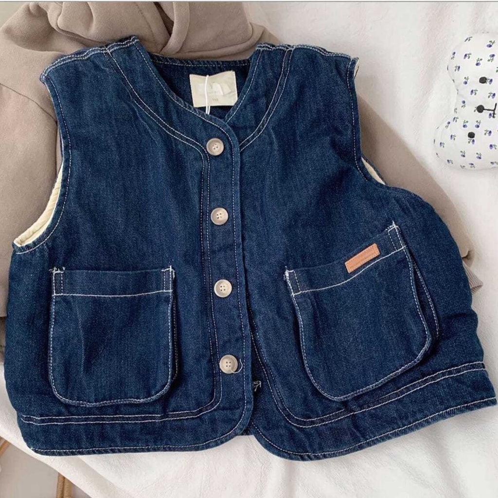 Áo Khoác denim Lót Lông Cừu Dày Dặn Giữ Ấm Thời Trang Thu Đông Phong Cách Hàn Quốc Cho Bé Trai Và Gái