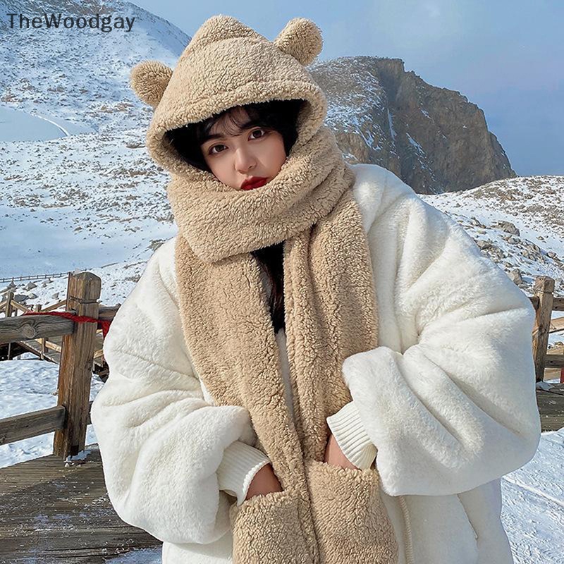 1 Mũ Khăn Choàng / Găng Tay / Mũ Tai Gấu 3 Trong 1 Bằng Vải Bông Giữ Ấm Mùa Đông Dành Cho Bạn Nữ