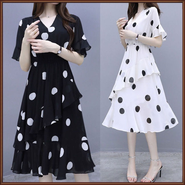 Đầm midi Tay Ngắn Cổ Chữ v Họa Tiết Chấm Bi Dành Cho Nữ