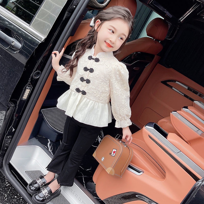 Set Áo Quần Ống Loe Thêu Họa Tiết Phong Cách Trung Hoa Mới Cho Bé Gái