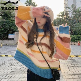 Yaoli áo sweater kẻ sọc cầu vồng thời trang thu đông dành cho nữ