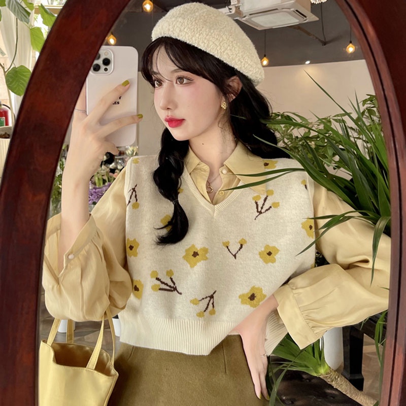 Áo sweater TING YA XIU dệt kim không tay cổ chữ V dáng rộng in hoa phong cách Nhật Bản thời trang xuân thu cho nữ