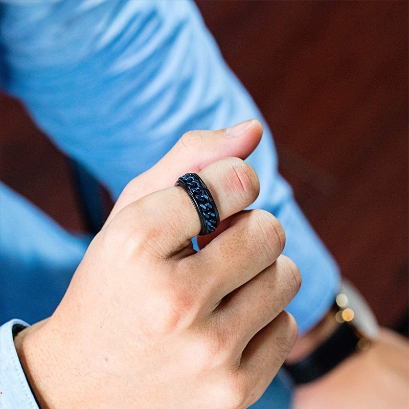 Nhẫn Thép Titan Không Gỉ Họa Tiết Dây Xích Xoay Được Cho Nam