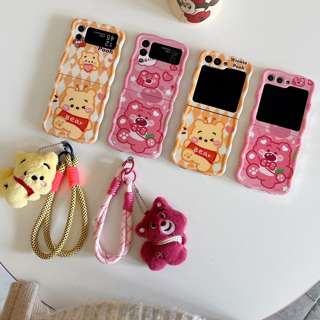 Bao Da Điện Thoại Nắp Lật Mềm Hình Gấu Dâu Tây / Gấu pooh Gắn Dây Đeo Chống Sốc Cho samsung galaxy z flip5 z flip 3 flip 4 5g Ốp