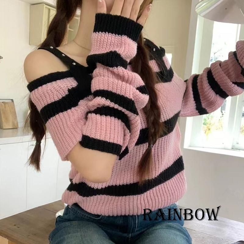 Áo Sweater Trễ Vai Tay Dài Hoạ Tiết Kẻ Sọc Cầu Vồng
