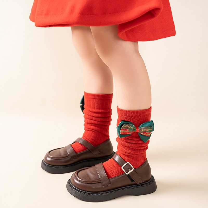 Vớ cotton Trơn Đính Nơ Phong Cách Giáng Sinh Thời Trang Xuân Thu Cho Bé Gái