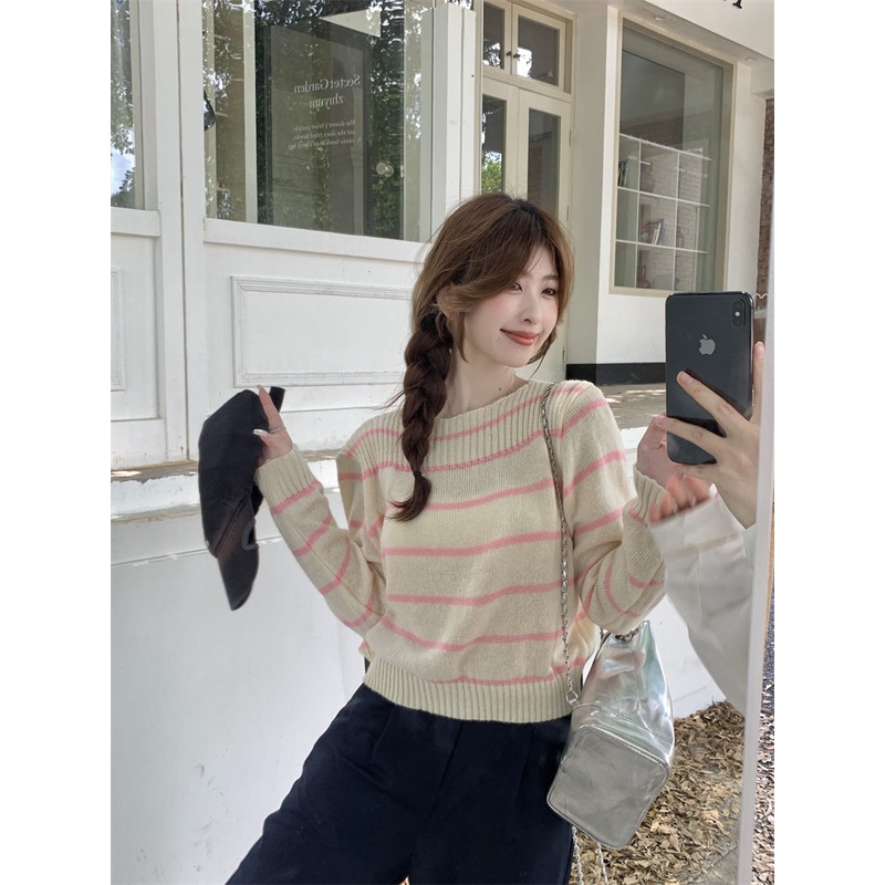 Zhainvchaoyi Áo sweater Dệt Kim Kẻ Sọc Thời Trang Đơn Giản Cho Nữ