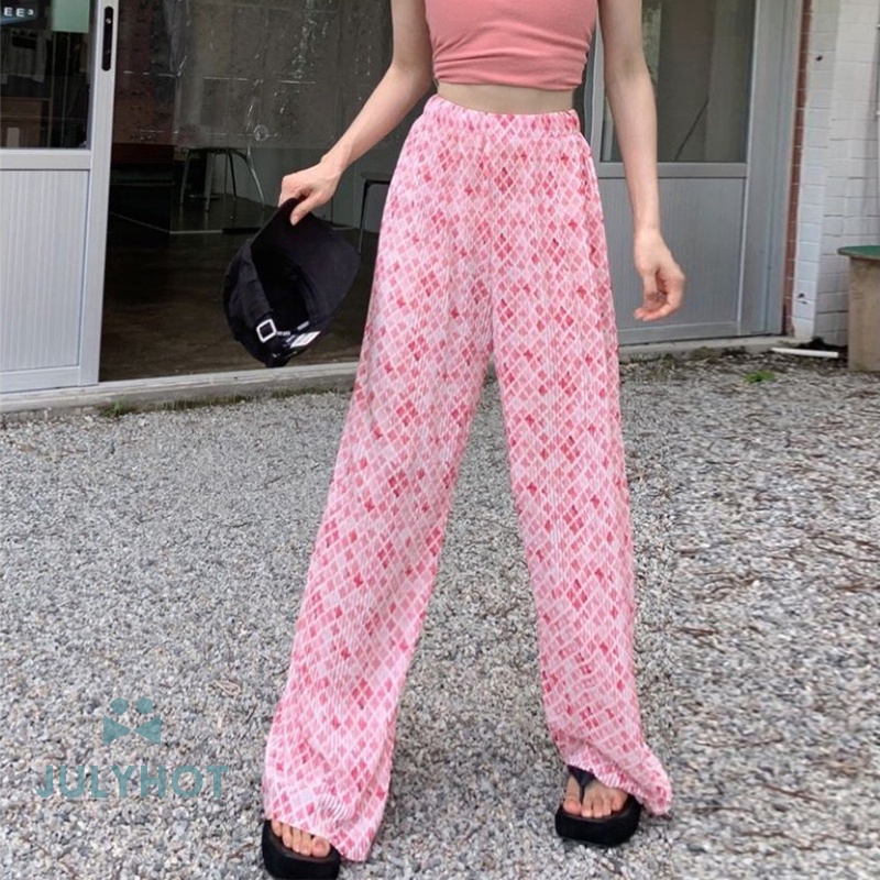 Quần Ống Rộng Lưng Cao Xếp Ly Bằng Lụa Lạnh Hình Kim Cương Thông Thường Cho Nữ vn