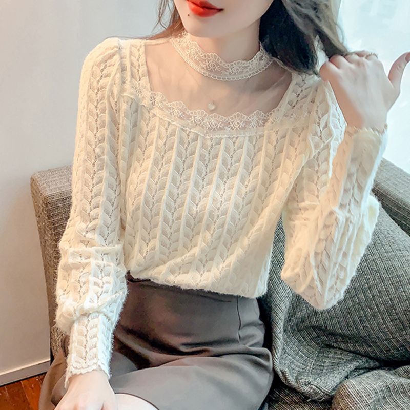 Áo Kiểu Tay Dài Cổ Lọ Phối Ren Lưới Phong Cách Phương Tây Thời Trang Mùa Thu Cho Nữ