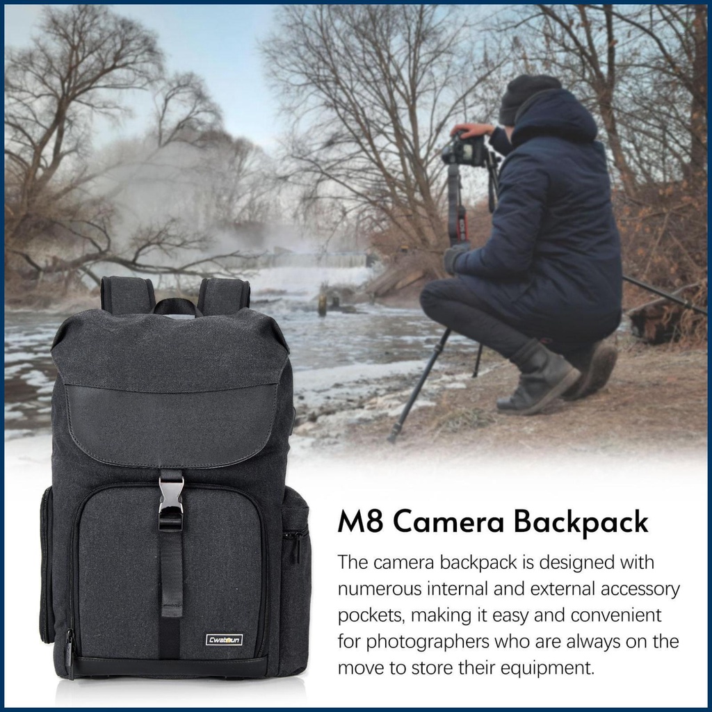 CWATCUN M8 Photography Camera Bag - Waterproof DSLR Backpack for Canon// with Laptop Compartment and Water Bottle Holder - Ideal for Outdoor Adventures