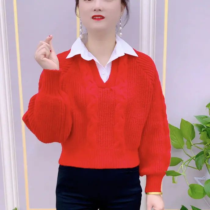 K Áo sweater Dệt Kim Giả Hai Lớp Cổ polo Mùa Thu Đông Bán Chạy Phong Cách Thời Trang Dành Cho Phụ Nữ Trung Niên