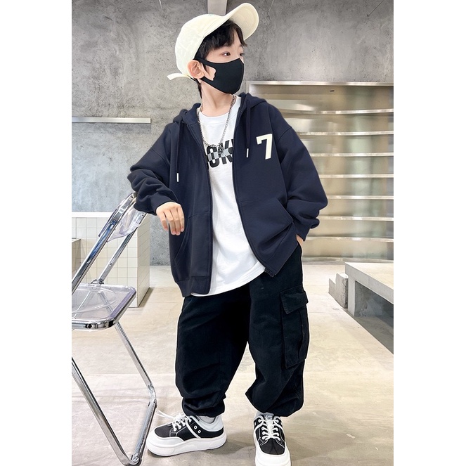 Áo khoác nỉ cho bé SIZE ĐẠI AB803 sz 120-170 màu xanh than chữ ABC, áo khoác có mũ phong cách thể thao thu đông 2023