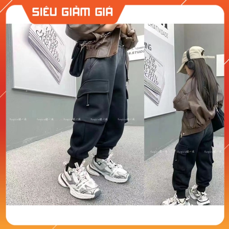 Quần nỉ lót lông cho bé gái, Quần mùa đông trẻ em bo gấu 4-10 tuổi túi hộp dây rút ống rộng dày dặn không bai xù