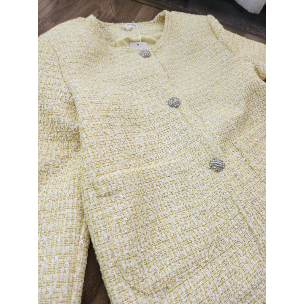 Áo dạ Tweed Luci màu vàng sáng, chất dạ Tweed kim sa, size SML