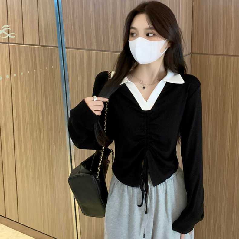 Áo Thun polo Tay Dài Ôm Dáng Phối Dây Rút Thời Trang Mùa Thu 202 Cho Nữ