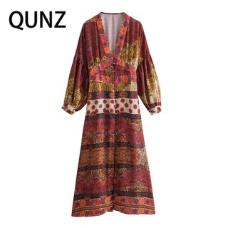 Qunz đầm midi tay dài in họa tiết thời trang 9866