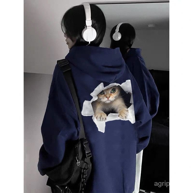 Áo Hoodie Tay Dài Dáng Rộng In Hình Mèo niche Phong Cách Mỹ Thời Trang Thu Đông Dành Cho Nam Nữ