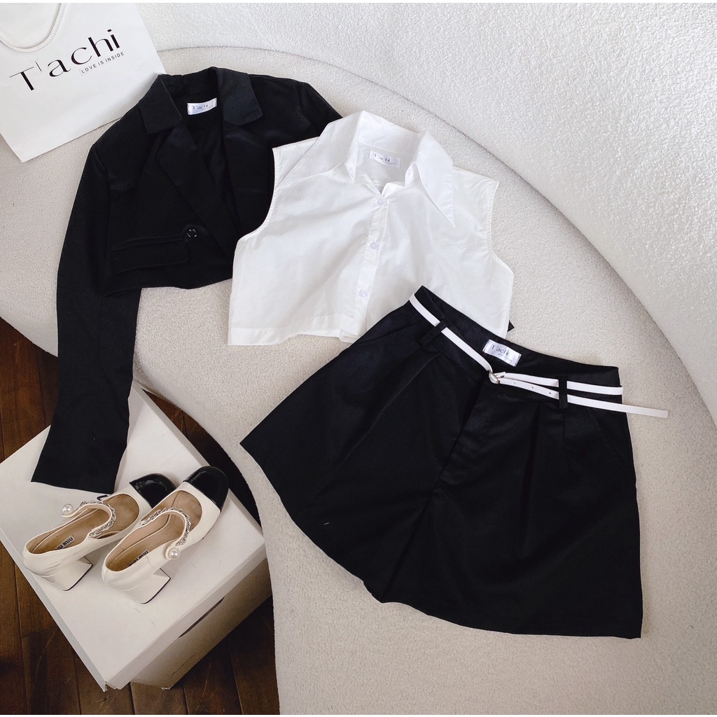 SET KHOÁC ĐEN TAY DÀI +CROPTOP SƠMI TRẮNG + CHÂN VÁY KÈM NỊT