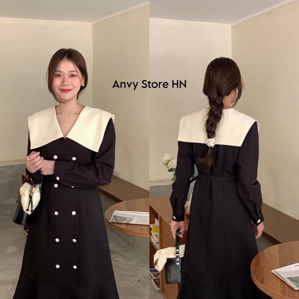 Váy suông cổ nơ be có hai hàng cúc chân váy xoè