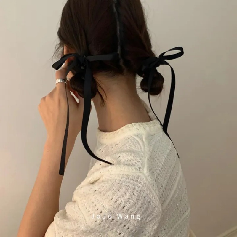 Bộ 2 Kẹp Tóc Đính Nơ Ruy Băng Tua Rua / Dây Ruy Băng Dài Phong Cách Hàn Quốc Cho Nữ