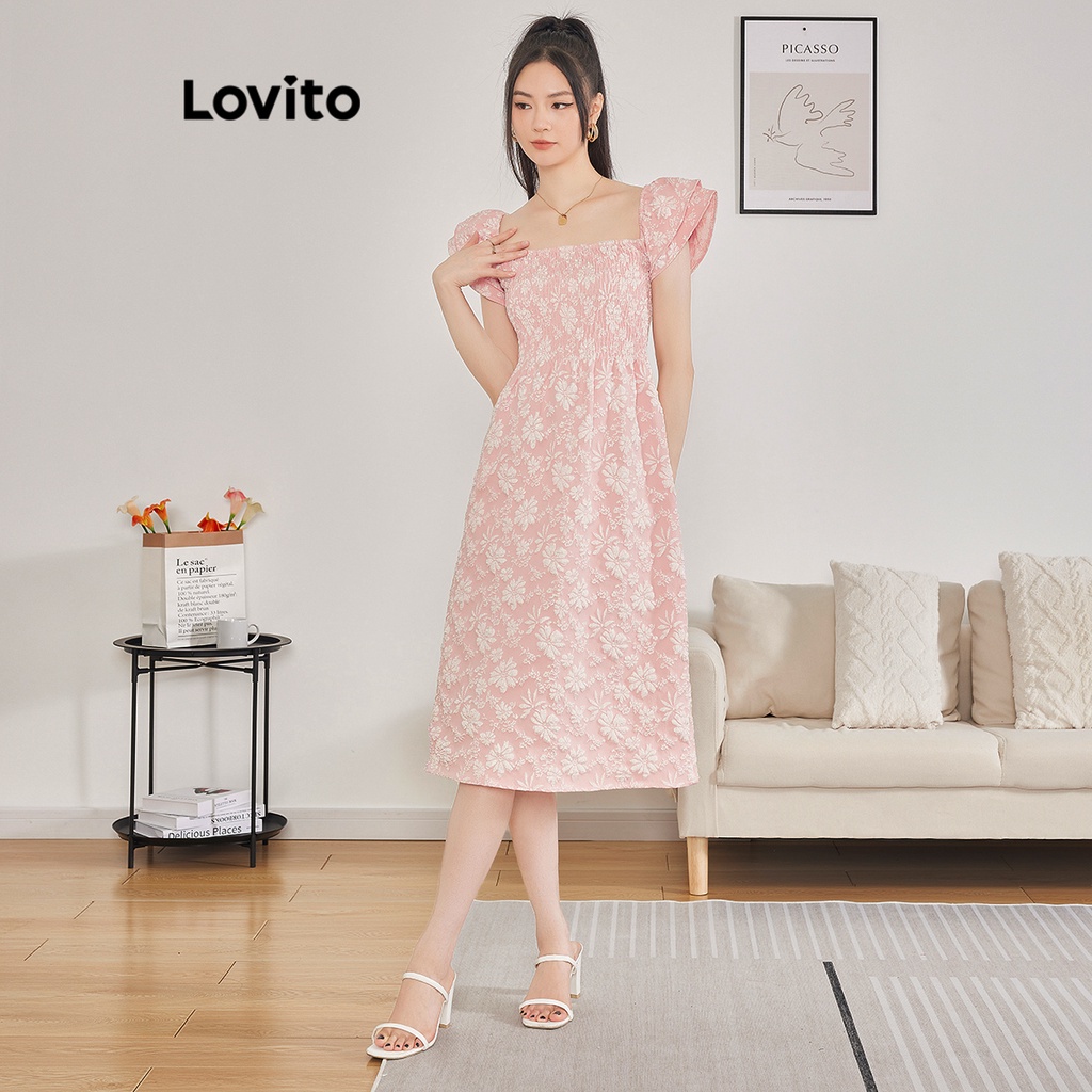 Đầm Lovito xếp nếp dún thun họa tiết hoa thanh lịch cho nữ L62ED173