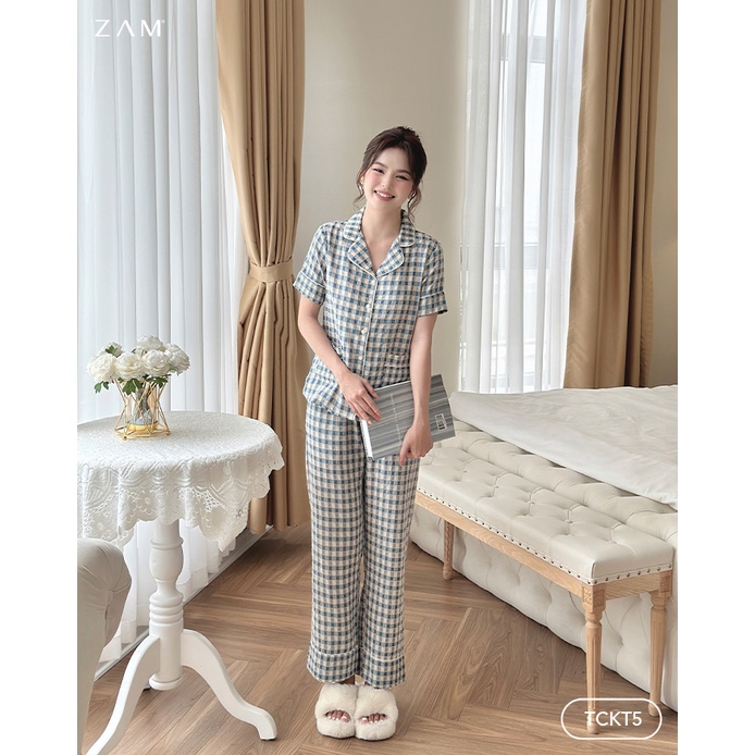 BỘ MẶC NHÀ SHE BY ZAM - TCKT5 -BỘ NGẮN TAY QUẦN DÀI KẺ THÔ COTTON - MÀU XANH