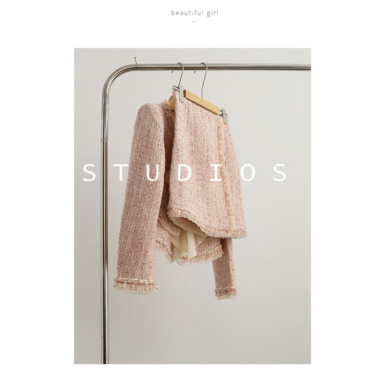 Bộ Áo Khoác cardigan Thắt Nơ Phối Chân Váy Vải tweed Màu Hồng Phong Cách Pháp Thời Trang Mùa Thu Mới