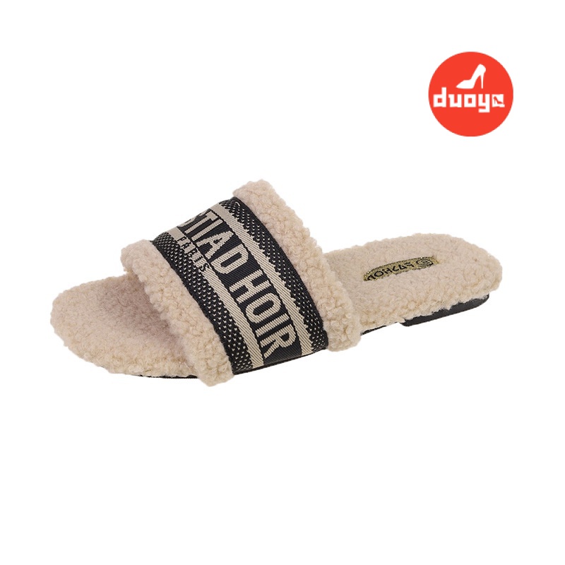 Duooya Dép Bông Thẳng ~  Dép Bít Mũi Thêu Chữ Phong Cách Hàn Quốc Thời Trang Thu Đông Ấm Áp Cho Nữ Miễn Phí Vận Chuyển