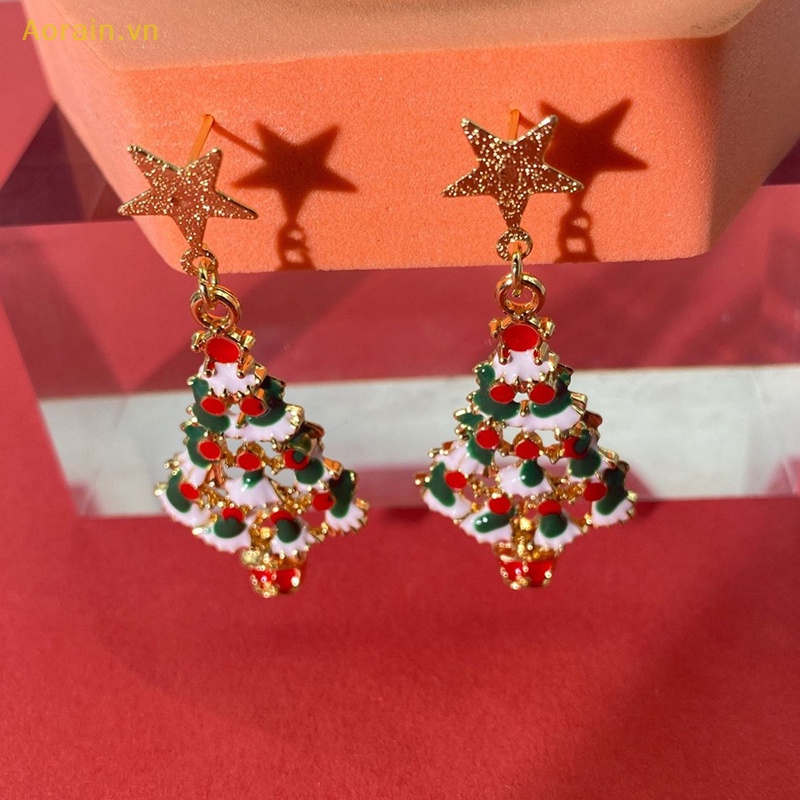 Khuyên Tai Dáng Thả Đính Đá zircon Pha Lê Hình Cây Thông Giáng Sinh Khí Chất Trang Sức Dự Tiệc