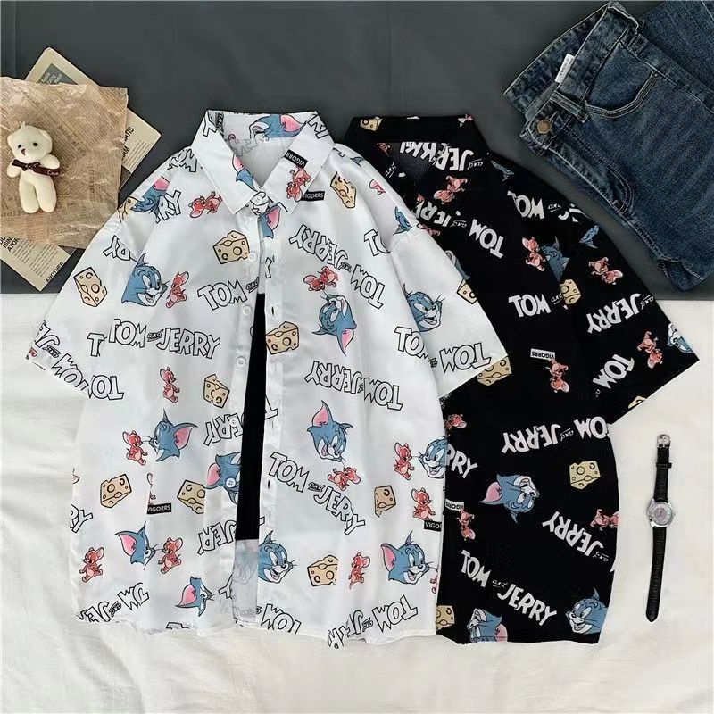 Doraemon Áo Sơ Mi Ngắn Tay Dáng Rộng In Họa Tiết Tranh Sơn Dầu Thời Trang Mùa Hè Hàn Quốc Dành Cho Nữ