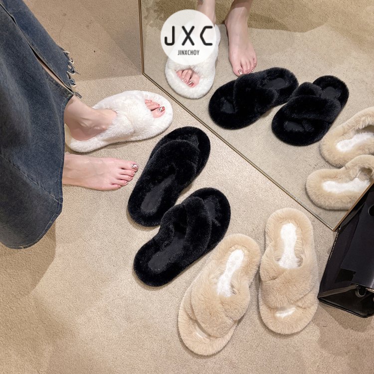 JINxCHOYDép Lông Xù Mũi Tròn Quai Chéo Màu Trơn Dễ Thương Hợp Thời Trang Hè