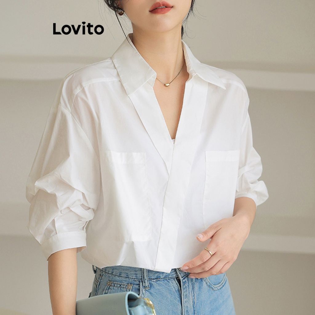 Lovito Áo kiểu có túi bất đối xứng trơn đơn giản cho nữ LNE29139 (Trắng)