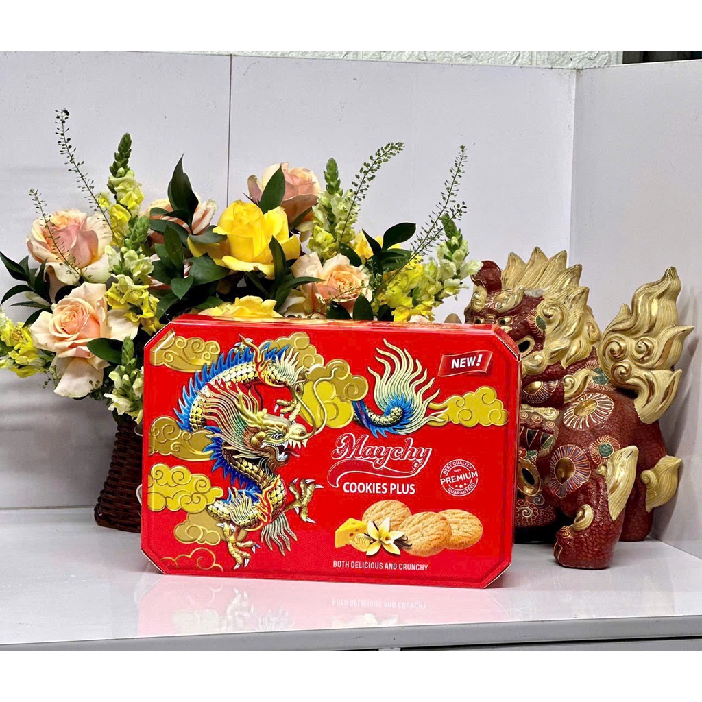 Hộp 500g bánh quy bơ chữ nhật Maychy hình rồng - 3 màu xanh đỏ vàng