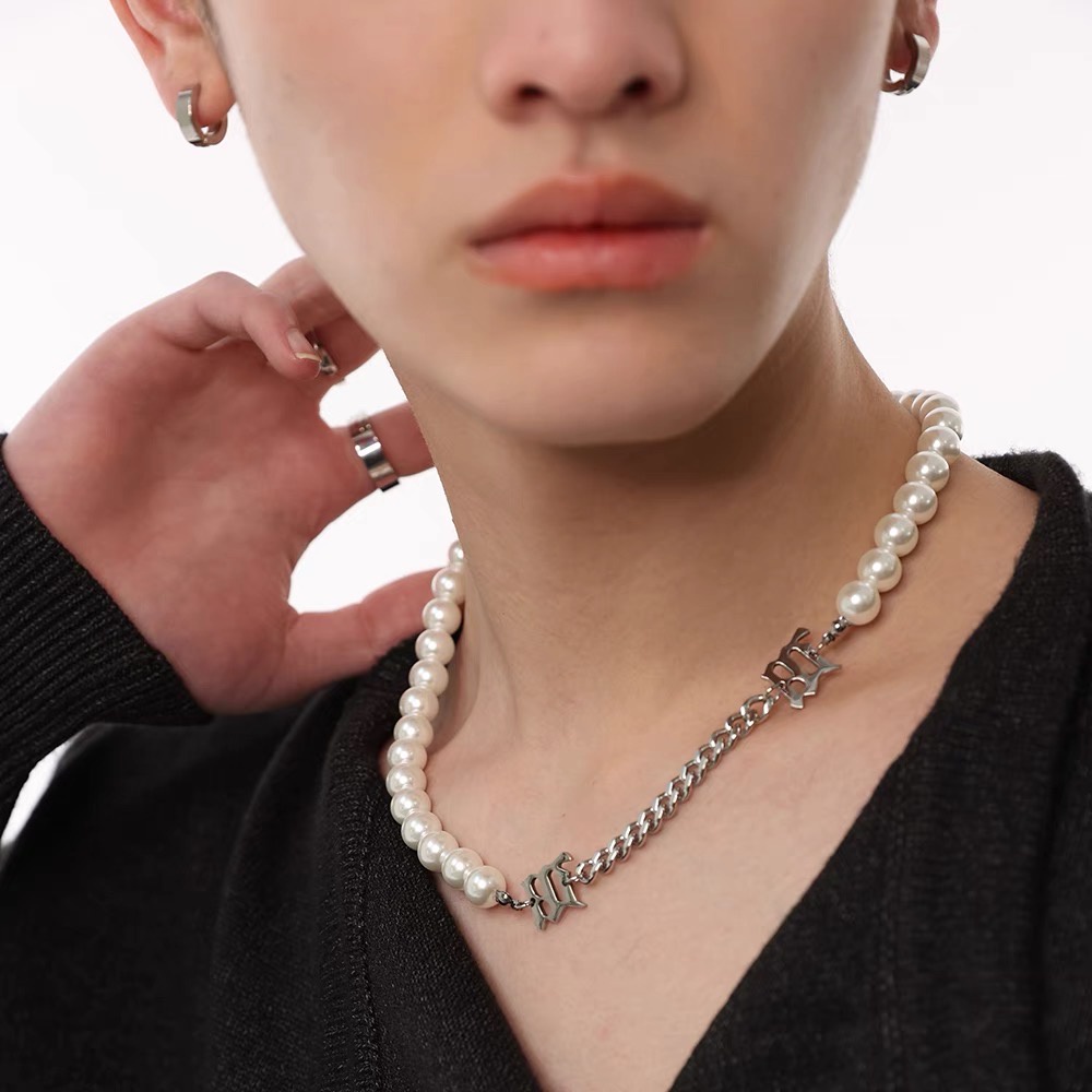 Vòng cổ Sợi Xích Đính Ngọc Trai Phong Cách hip hop Hàn Quốc Thời Trang Cho Nam Và Nữ