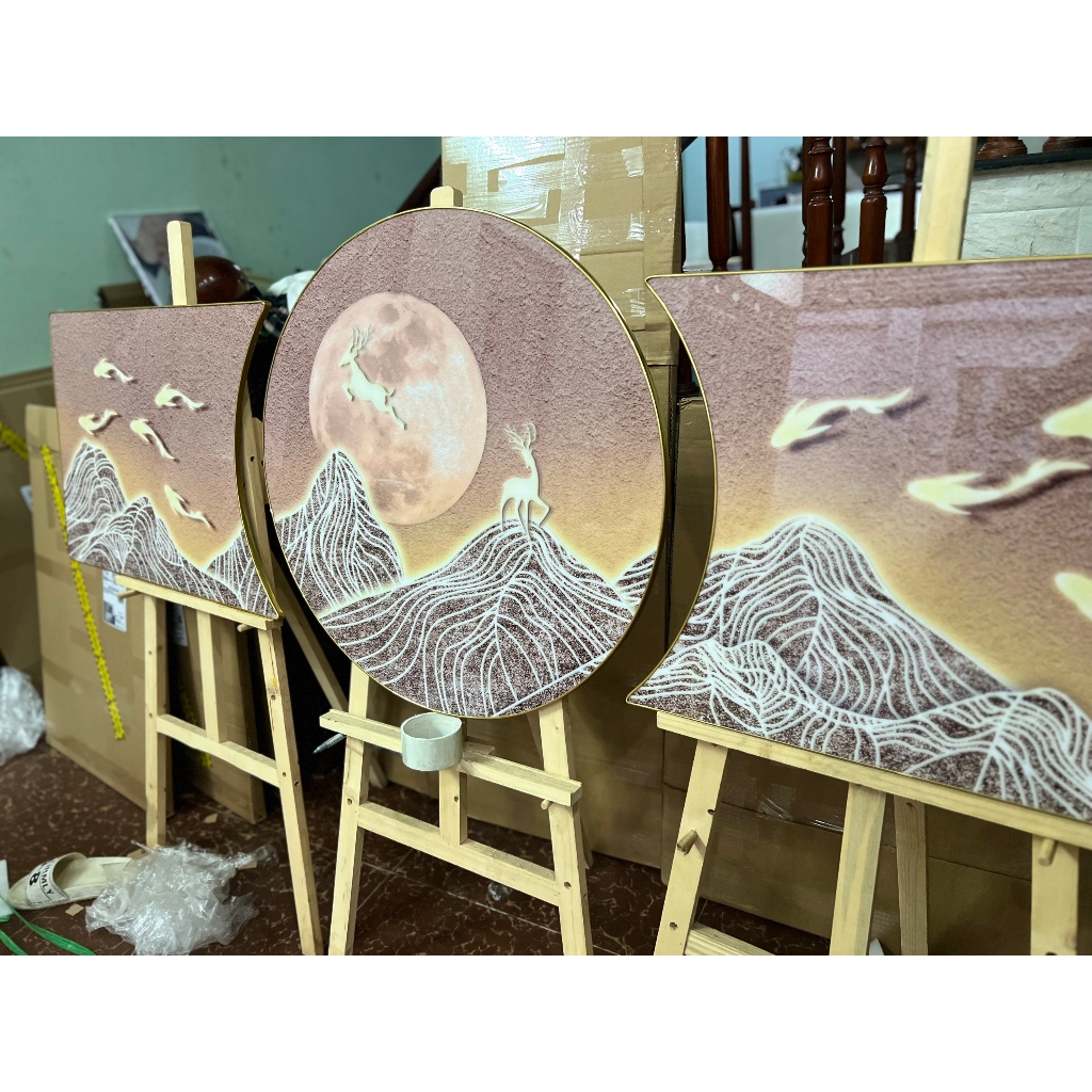 Tranh Treo Tường Tráng Gương Bộ 3 Bức Treo Phòng Khách Kiểu Dáng Hot Phong cách Mới Hiện Đại