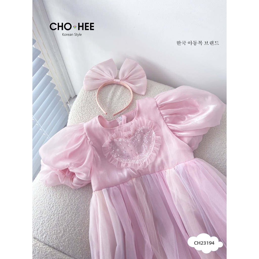 Váy công chúa  voan hồng trái tim kèm bờm nơ