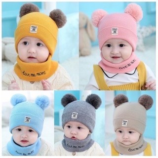 Set Mũ Len Quả Bông Kèm Khăn Ống Cho Bé