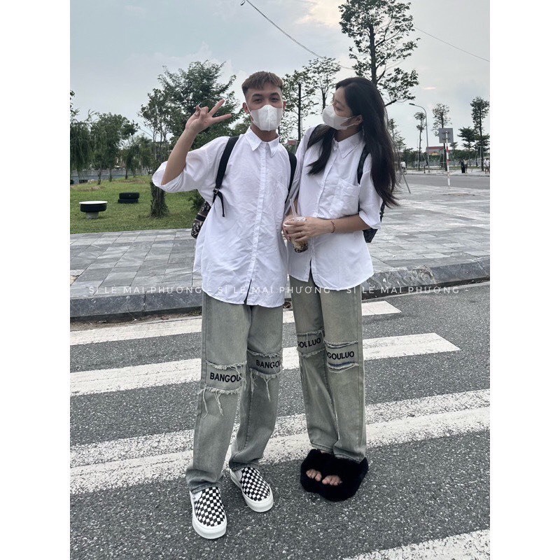 Quần vải bò jean ống rộng suông xuông nữ jeans cạp cao thêu khóa gối