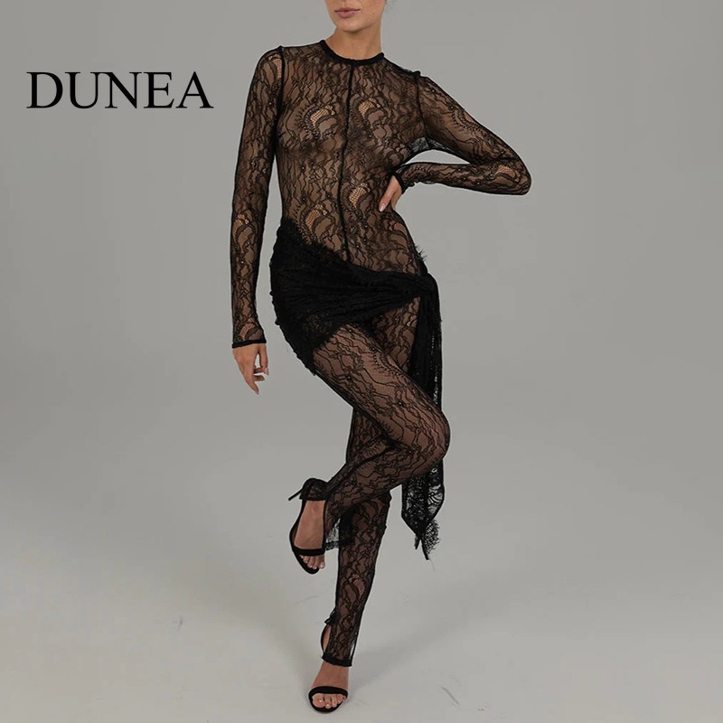 DUNEA Áo liền quần Tay Dài Phối Ren Xuyên Thấu Quyến Rũ Cho Nữ