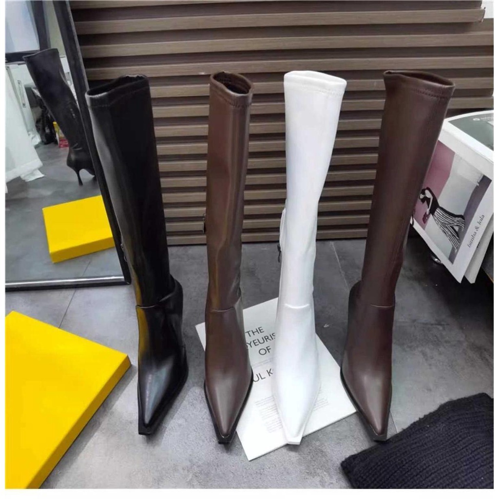 Giày Bốt Cao Gót Mũi Nhọn Mỏng Màu Nâu Phong Cách Âu Mỹ Thời Trang Thu Đông Hàng Mới 2023 Dành Cho Bạn Nữ