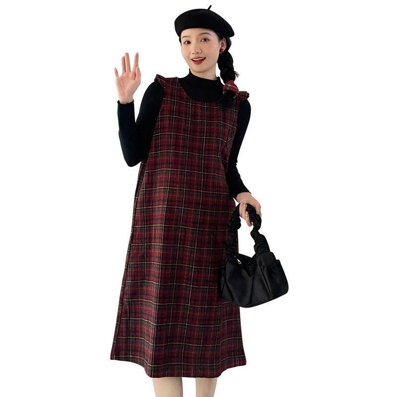 Sugemiusi Set Áo Len Không Tay Và Váy Caro Phong Cách Mới Cho Mẹ Bầu