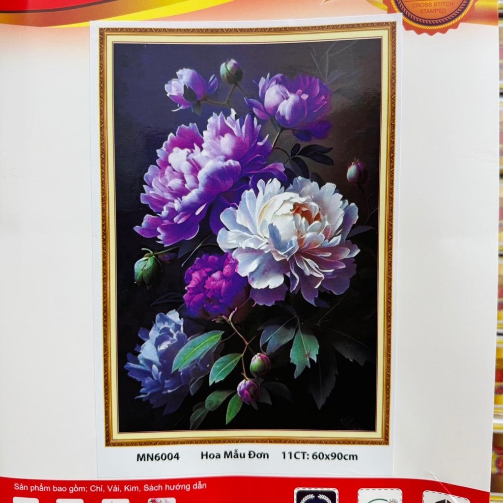 Tranh Thêu Hoa Mẫu Đơn Thêu Kín MN6004 Chưa Thêu