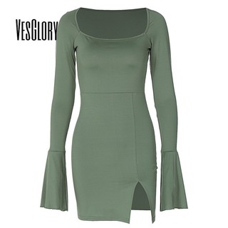 Đầm mini Tay Dài Cổ Tròn Màu Trơn Dáng Ôm Xẻ Tà Thời Trang 2024 Cho Bạn Gái