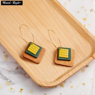 Bông Tai Dạng Móc Mặt Gỗ Hình Vuông Phong Cách Dân Tộc vintage hoops
