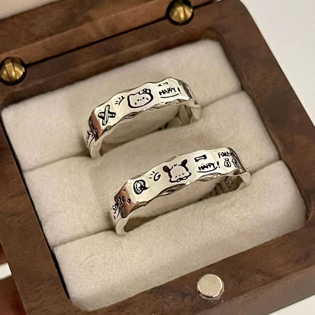 Set 2 Nhẫn Màu Bạc Có Thể Điều Chỉnh Kích Cỡ Họa Tiết Chó Mèo Dễ Thương Cho Cặp Đôi