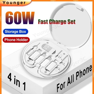 Dây cáp sạc nhanh 4 trong 1 60w có ngăn đựng thẻ loại c micro