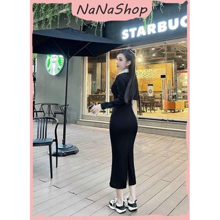 Đầm Ôm Body Nữ Tay Dài Chất Thun Gân Cổ Bẻ Xè Tà Sau Siêu Hack Dáng
