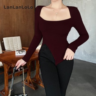 LanLanLo Nữ Màu Trơn Thời Trang Cổ Vuông Dài Tay Không Đều Mỏng Thường Ngày Phù Hợp Với Áo Thun