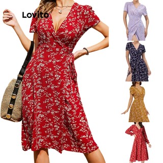Đầm chữ A Lovito vải hoa cổ chữ V tay loe màu đỏ kiểu Giáng sinh phong cách Boho L01146 (màu đỏ/Màu tím nhạt/xanh nước biển)