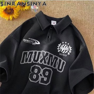  Sinransinya Áo Thun polo Dáng Rộng Tay 5 / 4 In Chữ Phong Cách retro Đường Phố Mỹ Cho Nam